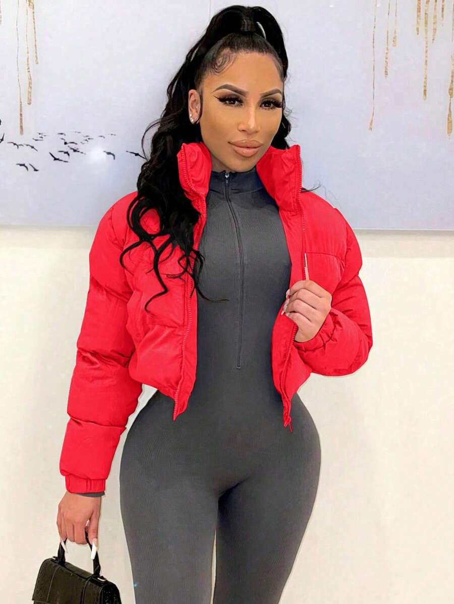 Allegra Cropped Puffer Jacket with Funnel Neck and Zip Front - Red