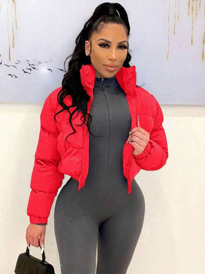 Allegra Cropped Puffer Jacket with Funnel Neck and Zip Front - Red