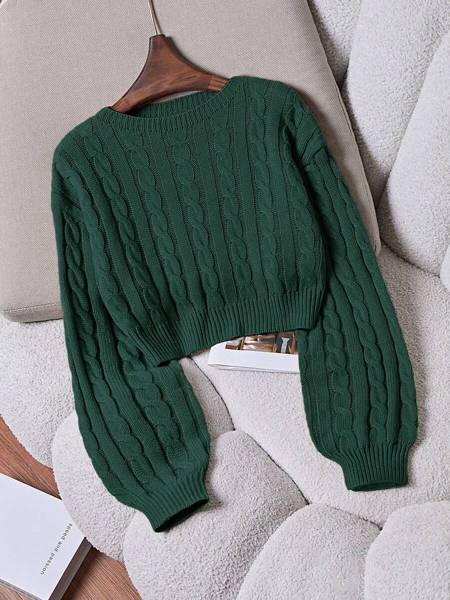 Oriana Cropped Cable Knit Sweater with Crew Neck - Pine Green