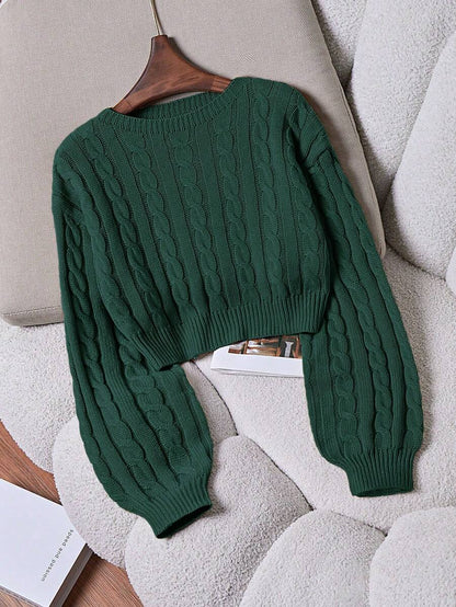 Oriana Cropped Cable Knit Sweater with Crew Neck - Pine Green