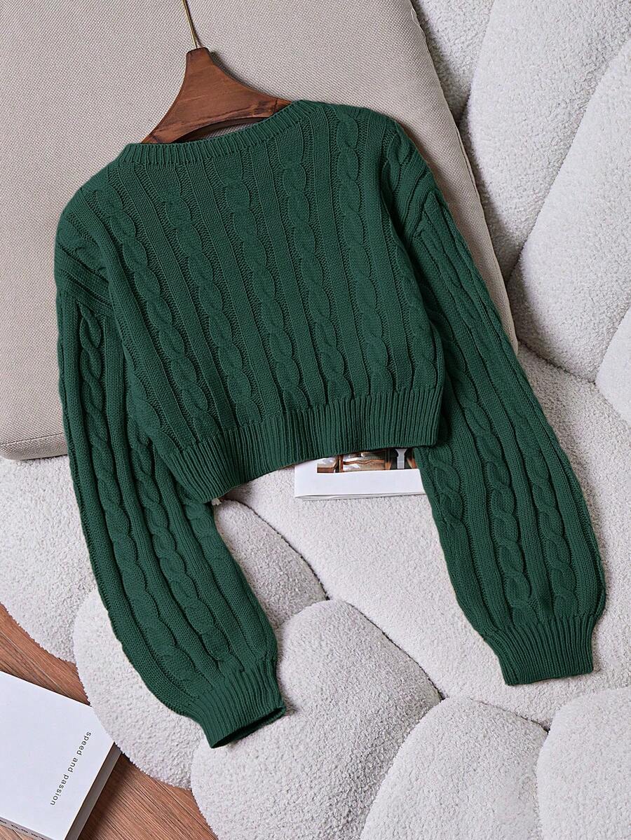 Oriana Cropped Cable Knit Sweater with Crew Neck - Pine Green