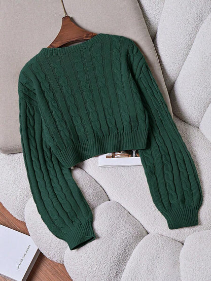 Oriana Cropped Cable Knit Sweater with Crew Neck - Pine Green