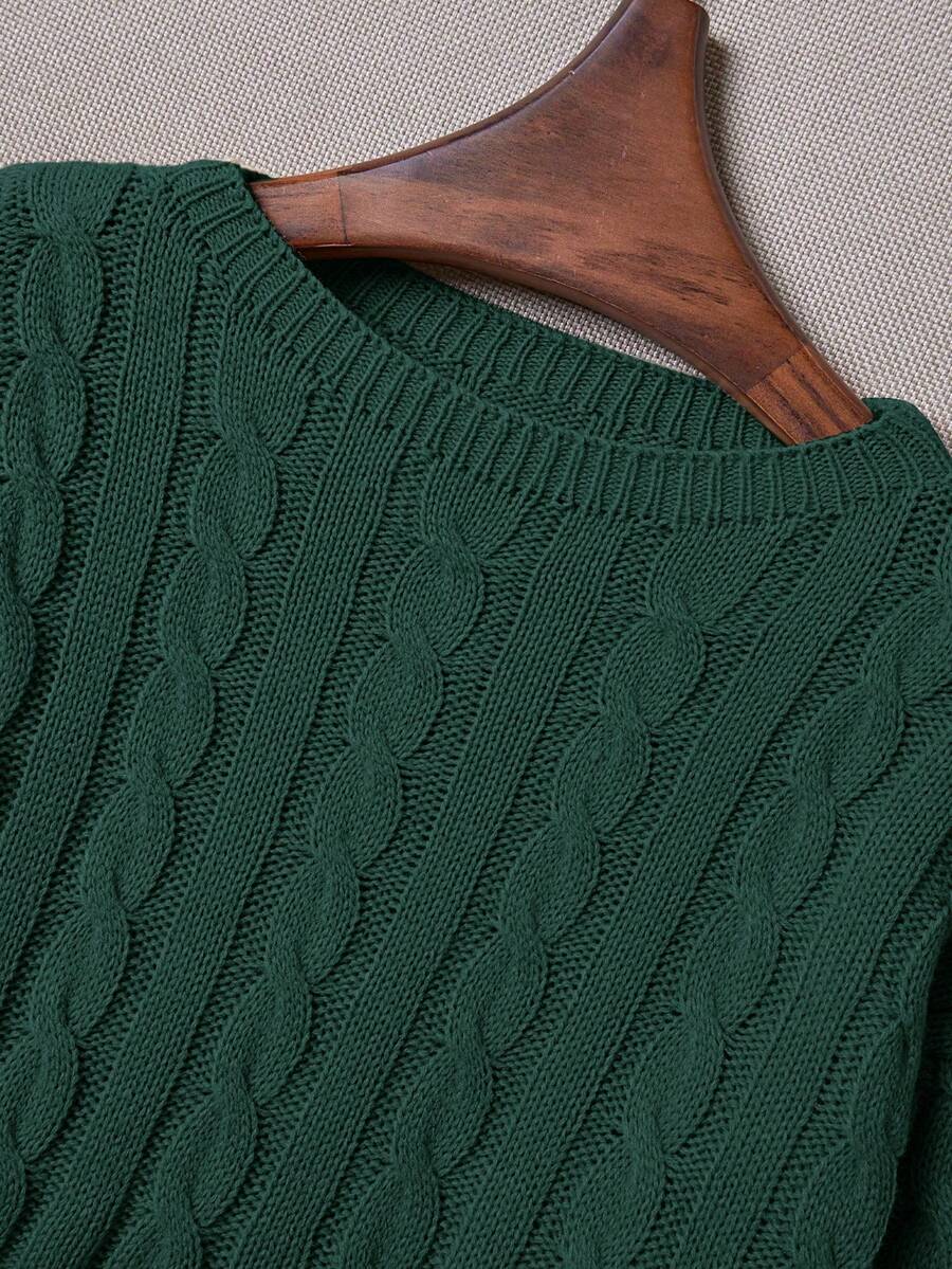 Oriana Cropped Cable Knit Sweater with Crew Neck - Pine Green