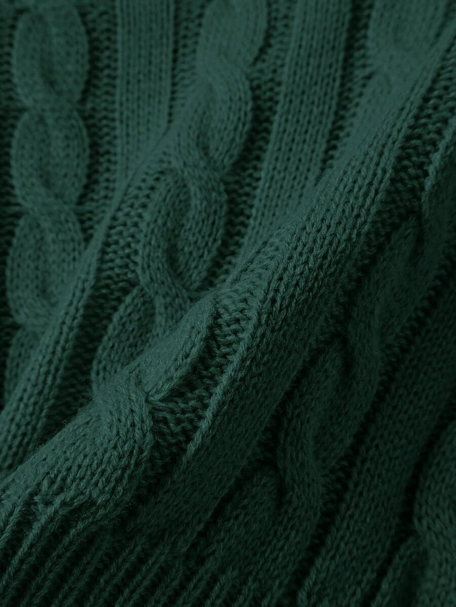 Oriana Cropped Cable Knit Sweater with Crew Neck - Pine Green