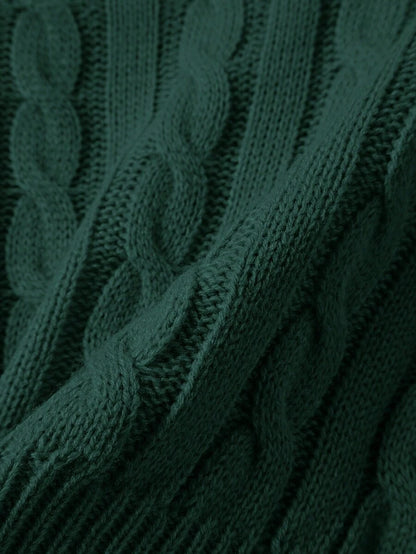 Oriana Cropped Cable Knit Sweater with Crew Neck - Pine Green