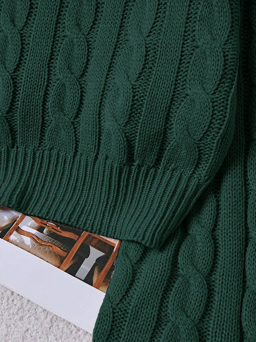 Oriana Cropped Cable Knit Sweater with Crew Neck - Pine Green