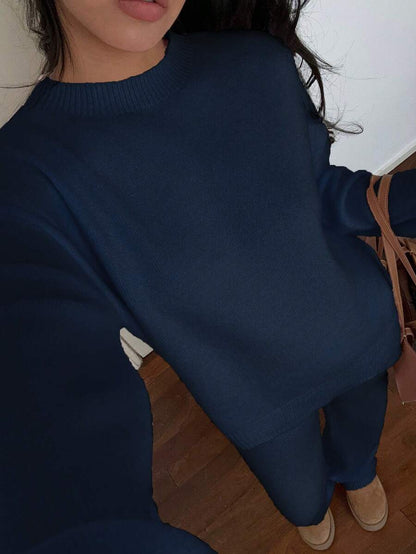 Davos Drop Shoulder Sweater and Knit Pants Set - Navy Blue