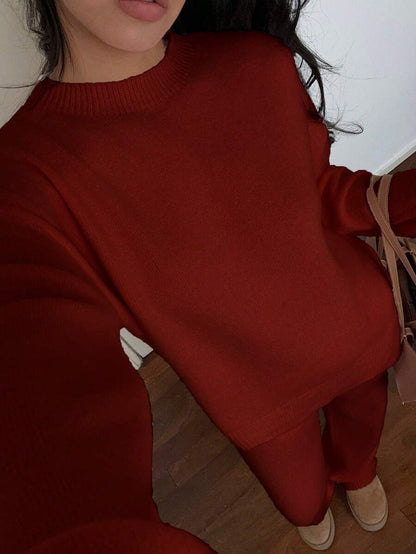 Davos Drop Shoulder Sweater and Knit Pants Set - Burgundy