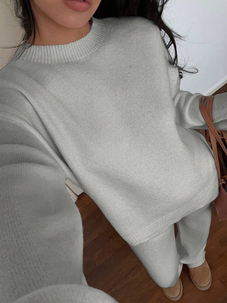 Davos Drop Shoulder Sweater and Knit Pants Set - Grey