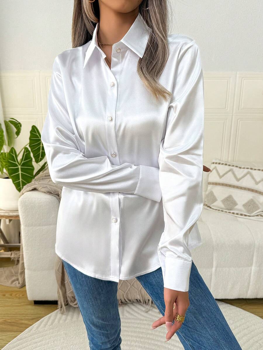 Como Satin Button Up Long Sleeve Blouse