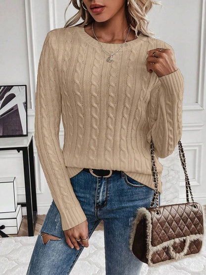 Livia Twist Cable Knit Crew Neck Sweater Fitted Pullover - Khaki