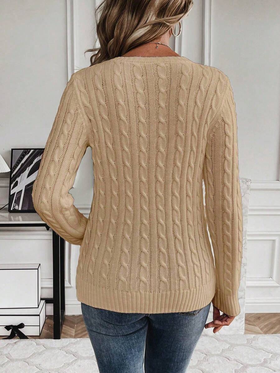 Livia Twist Cable Knit Crew Neck Sweater Fitted Pullover - Khaki