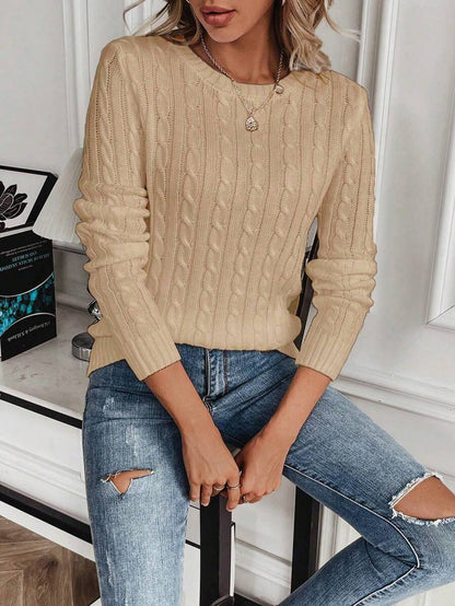Livia Twist Cable Knit Crew Neck Sweater Fitted Pullover - Khaki