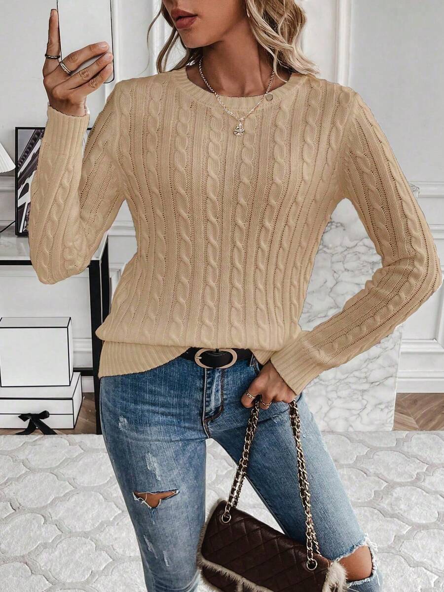 Livia Twist Cable Knit Crew Neck Sweater Fitted Pullover - Khaki