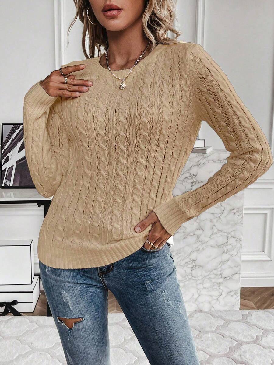 Livia Twist Cable Knit Crew Neck Sweater Fitted Pullover - Khaki