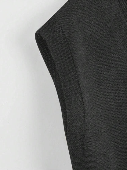 Marisa Fine Knit V-Neck Sleeveless Sweater Vest - Dark Grey