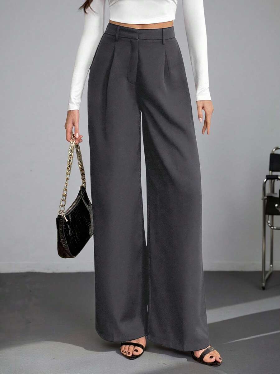 Isla High Waisted Wide Leg Pants with Pleated Front - Charcoal Grey