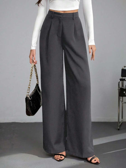 Isla High Waisted Wide Leg Pants with Pleated Front - Charcoal Grey