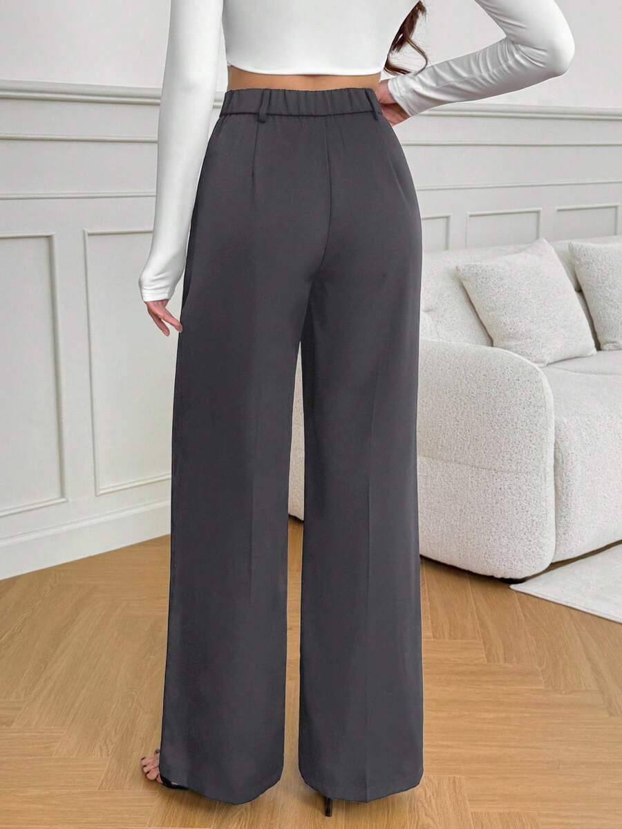Isla High Waisted Wide Leg Pants with Pleated Front - Charcoal Grey