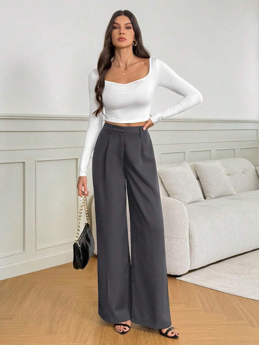 Isla High Waisted Wide Leg Pants with Pleated Front - Charcoal Grey