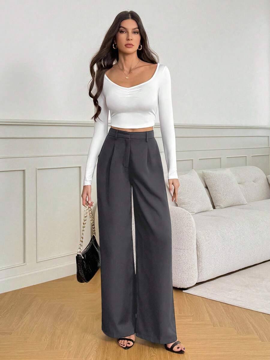 Isla High Waisted Wide Leg Pants with Pleated Front - Charcoal Grey