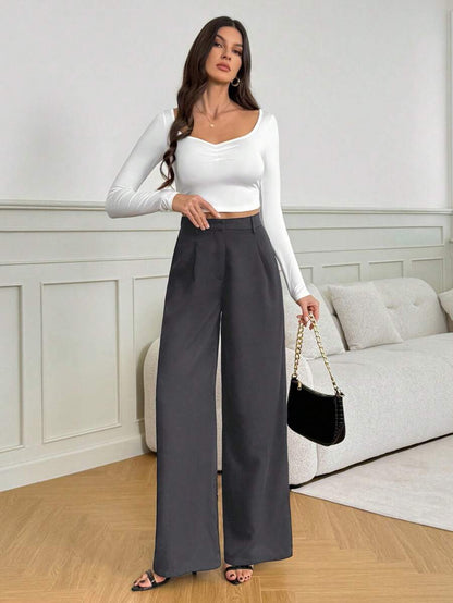 Isla High Waisted Wide Leg Pants with Pleated Front - Charcoal Grey