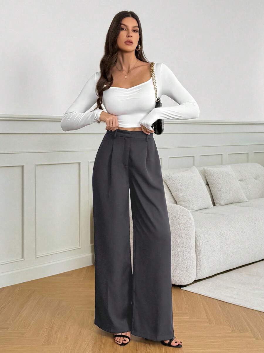Isla High Waisted Wide Leg Pants with Pleated Front - Charcoal Grey