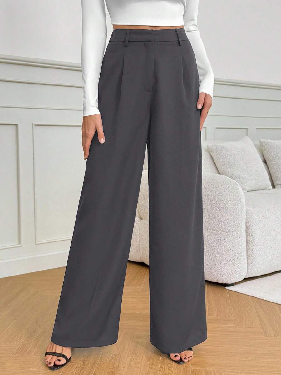 Isla High Waisted Wide Leg Pants with Pleated Front - Charcoal Grey