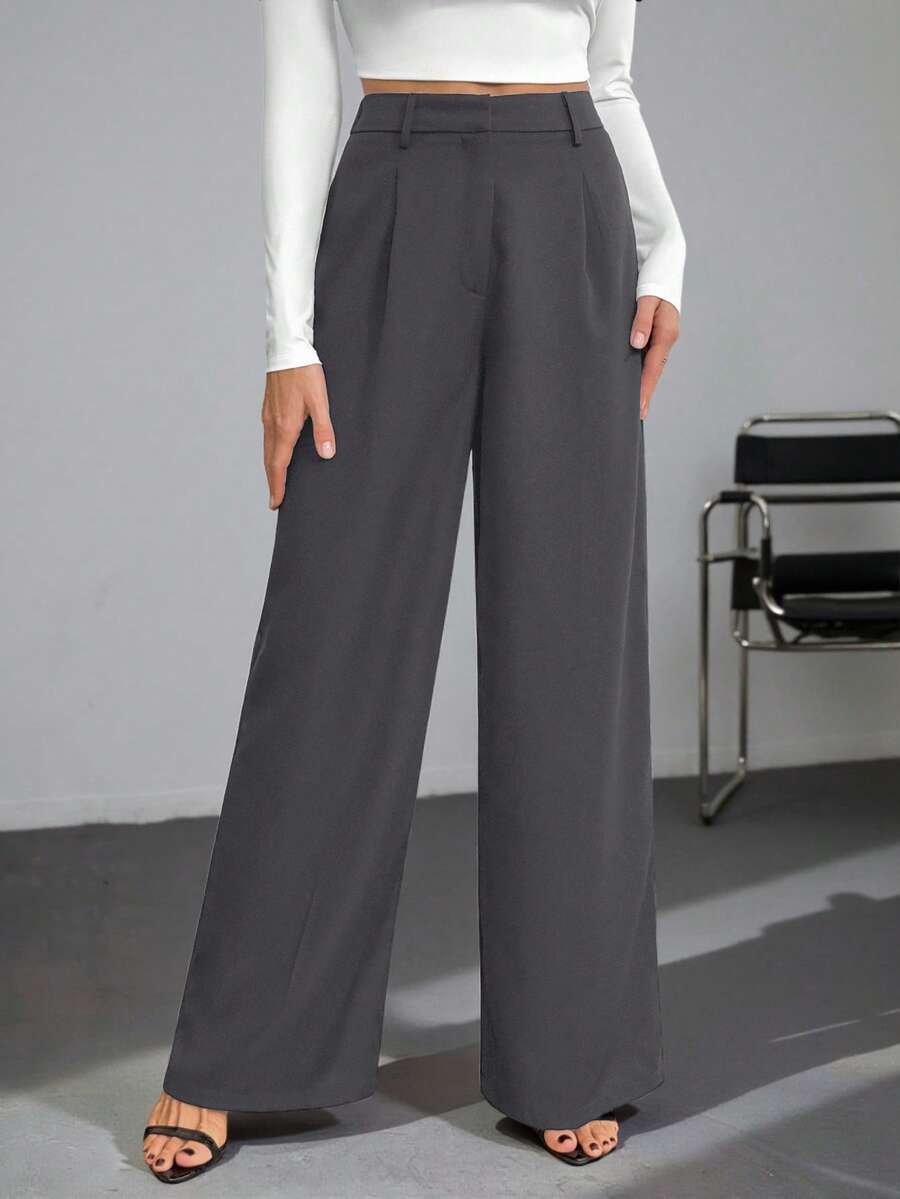 Isla High Waisted Wide Leg Pants with Pleated Front - Charcoal Grey
