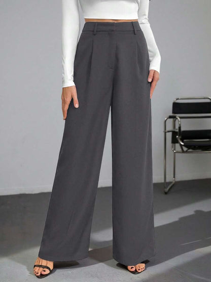 Isla High Waisted Wide Leg Pants with Pleated Front - Charcoal Grey
