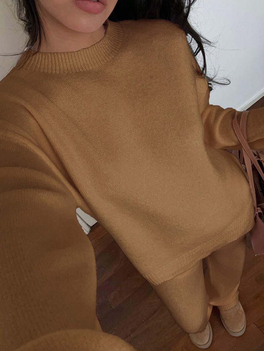 Davos Drop Shoulder Sweater and Knit Pants Set - Khaki