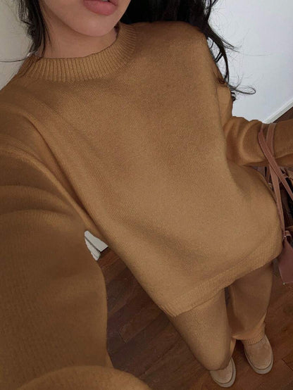 Davos Drop Shoulder Sweater and Knit Pants Set - Khaki