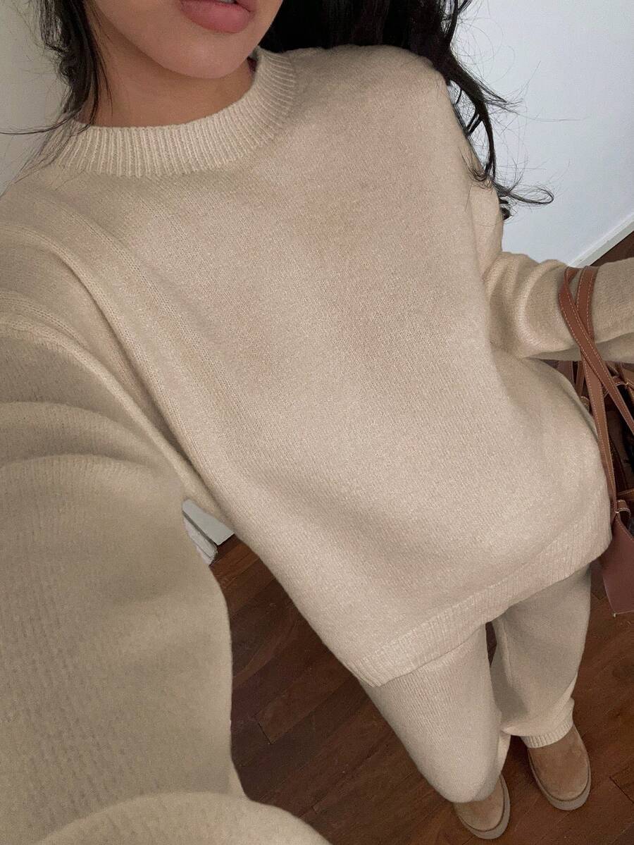 Davos Drop Shoulder Sweater and Knit Pants Set - Apricot