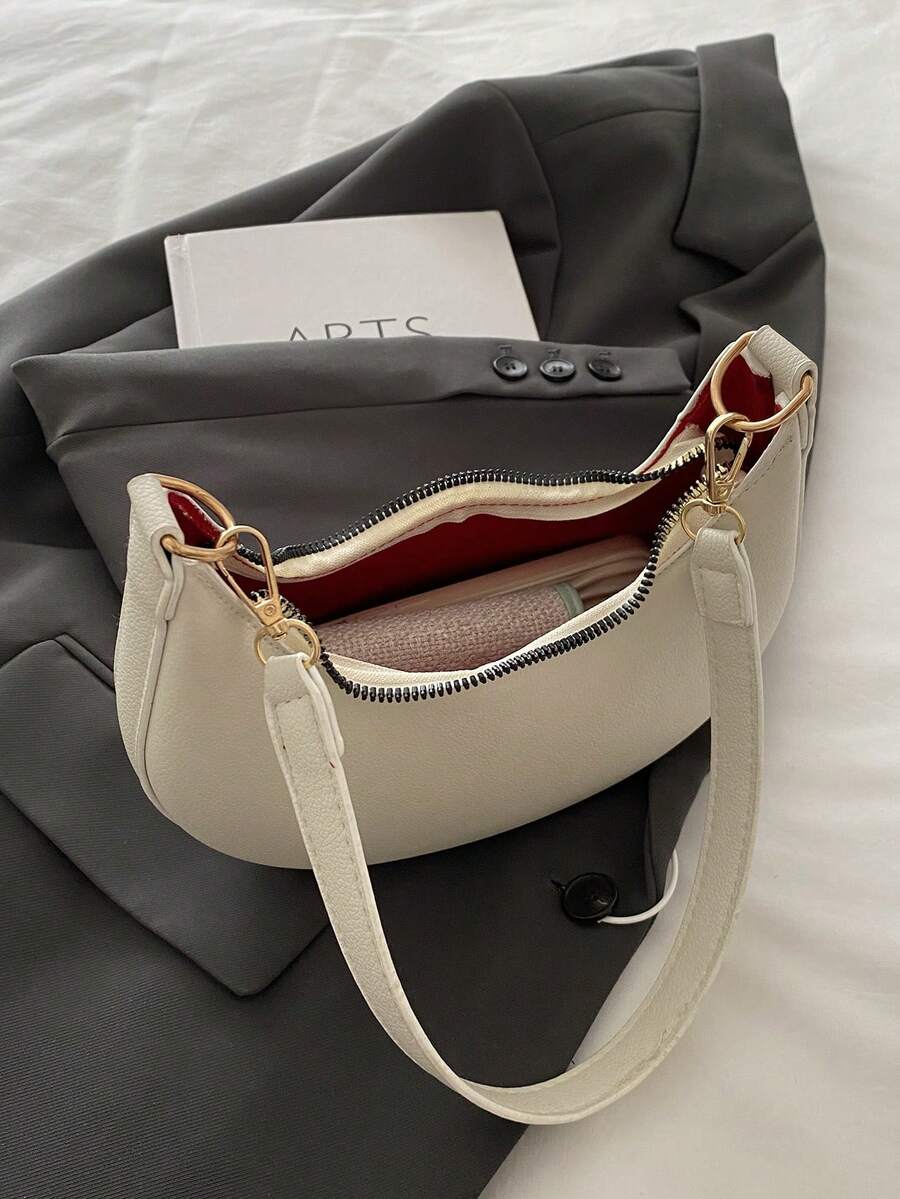 Women's Crescent Shoulder Bag, Faux Leather Half Moon Purse with Gold Hardware