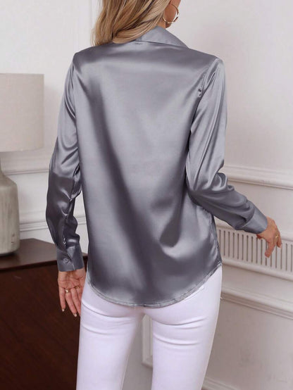 Como Satin Button Up Long Sleeve Blouse