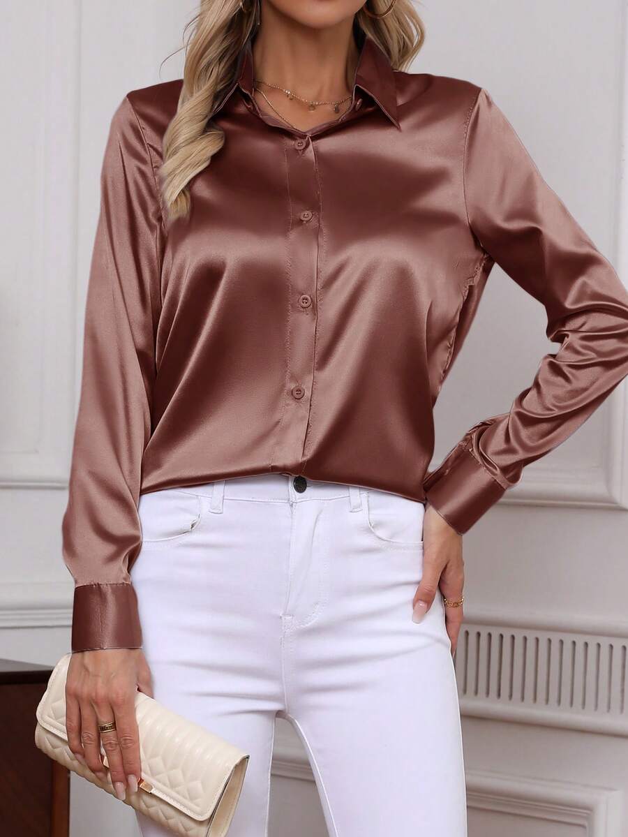 Como Satin Button Up Long Sleeve Blouse