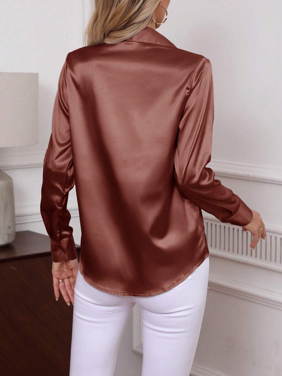 Como Satin Button Up Long Sleeve Blouse
