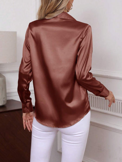 Como Satin Button Up Long Sleeve Blouse
