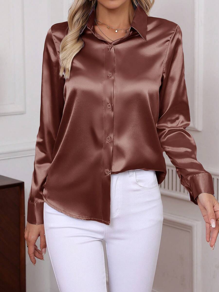 Como Satin Button Up Long Sleeve Blouse - Chocolate Brown