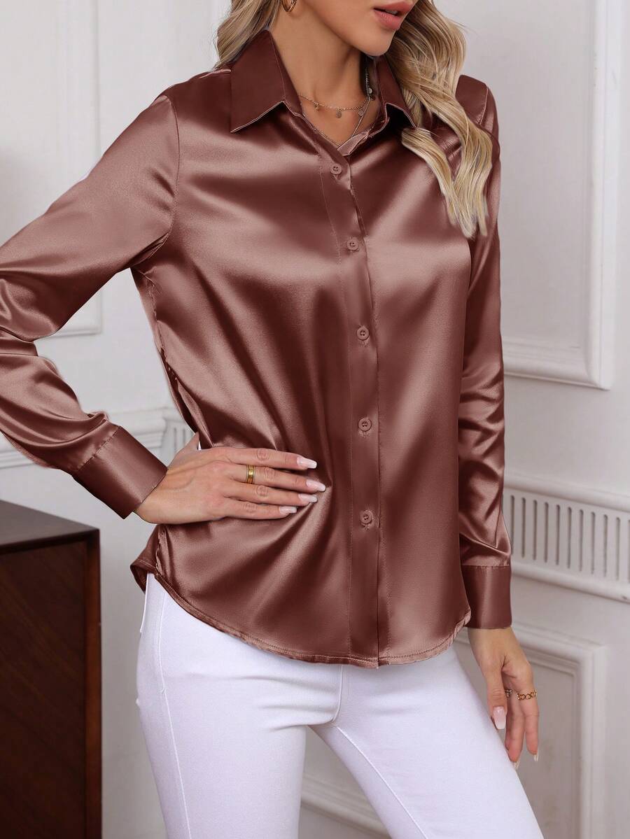 Como Satin Button Up Long Sleeve Blouse