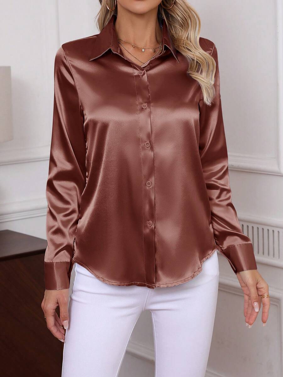 Como Satin Button Up Long Sleeve Blouse