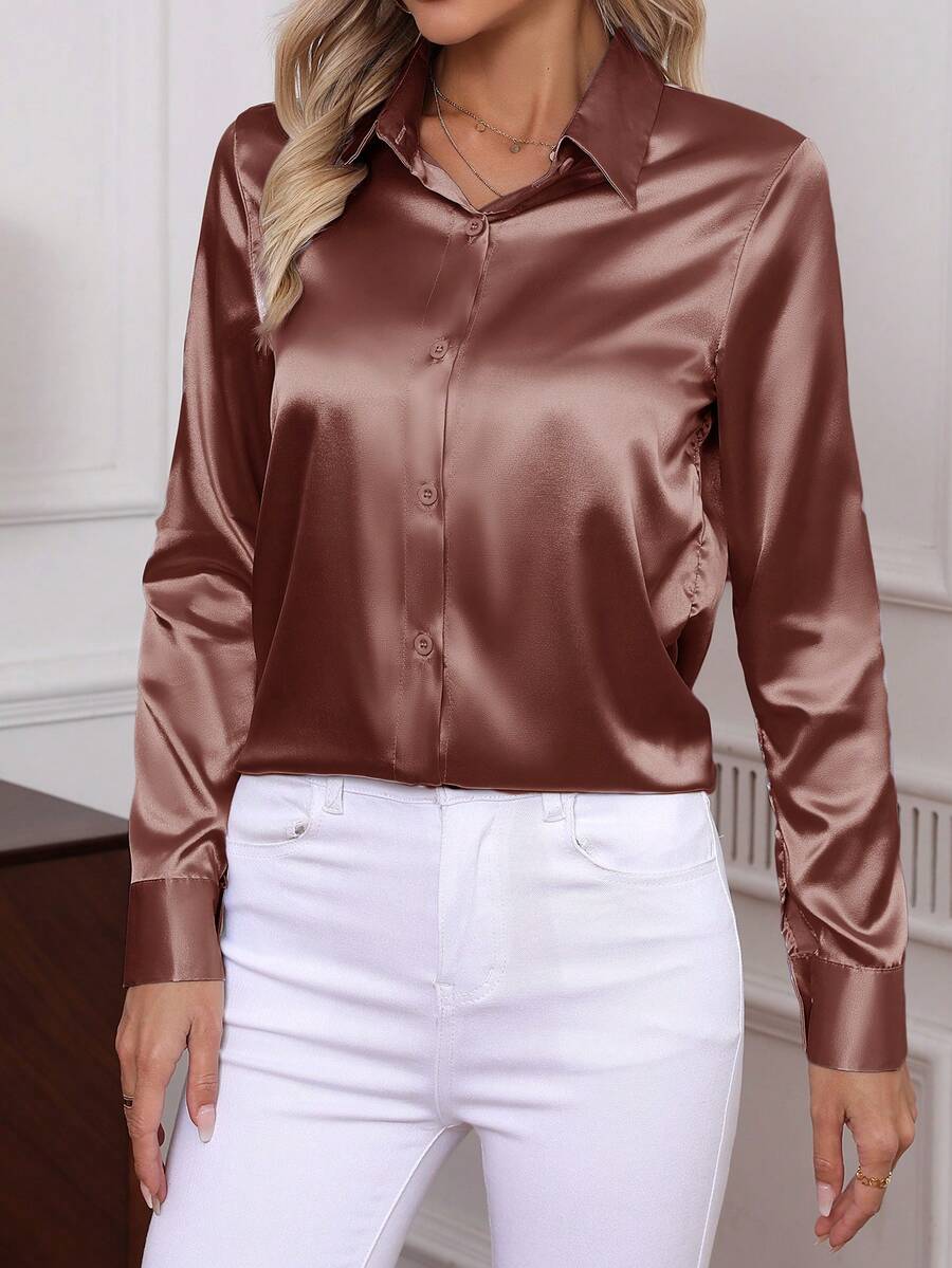 Como Satin Button Up Long Sleeve Blouse