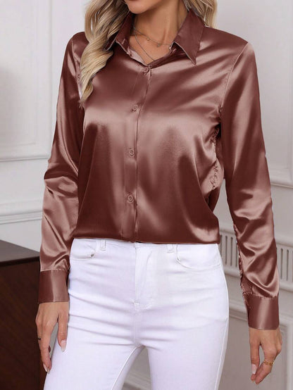 Como Satin Button Up Long Sleeve Blouse