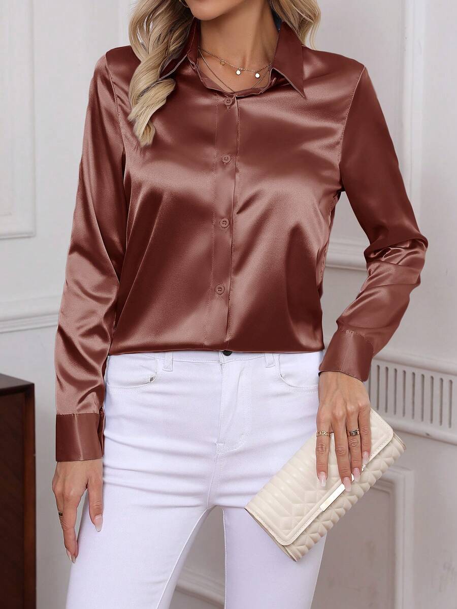 Como Satin Button Up Long Sleeve Blouse