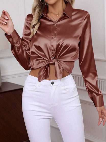 Como Satin Button Up Long Sleeve Blouse