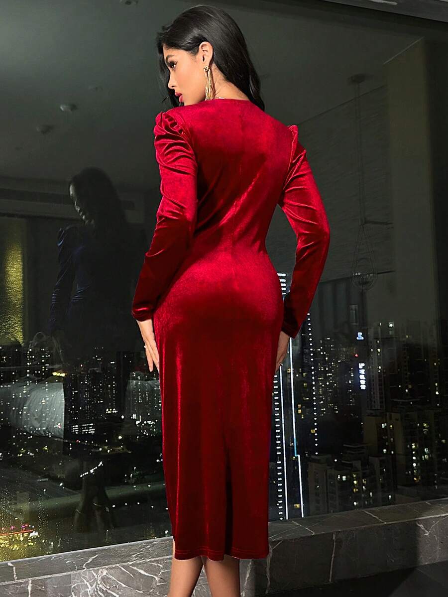 Valletta Velvet Wrap V Neck Ruched Midi Dress
