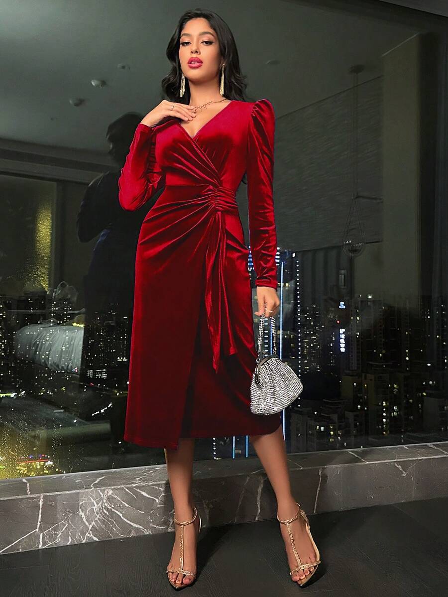 Valletta Velvet Wrap V Neck Ruched Midi Dress