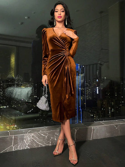 Valletta Velvet Wrap V Neck Ruched Midi Dress