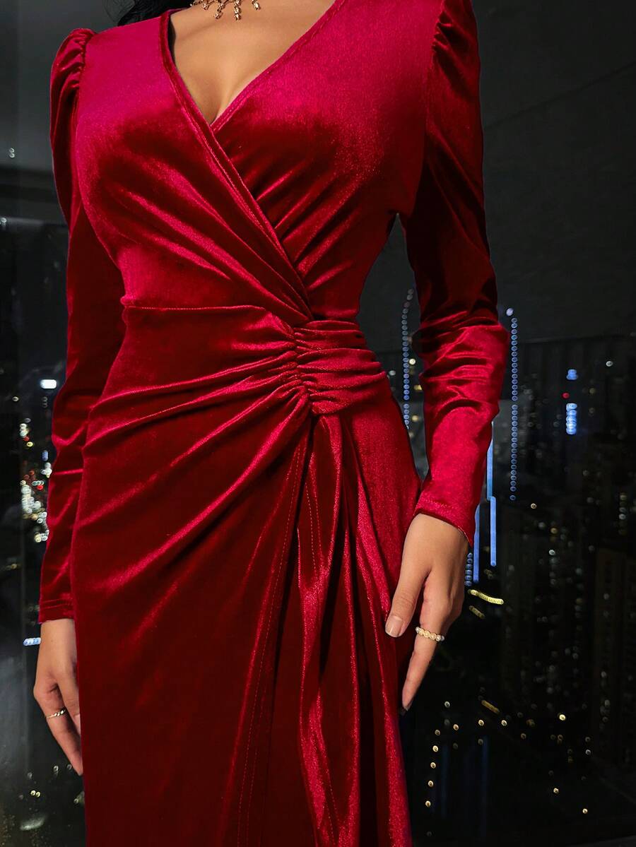 Valletta Velvet Wrap V Neck Ruched Midi Dress