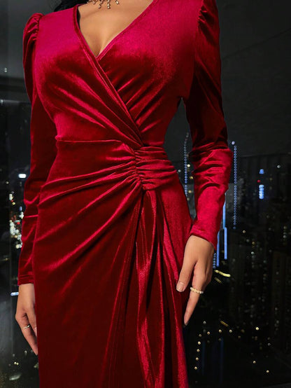 Valletta Velvet Wrap V Neck Ruched Midi Dress